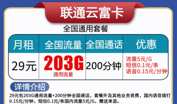 聯通云富卡29元203G流量+200分語音、天啟卡9元100G流量|純通用流量卡|無合約不虛量